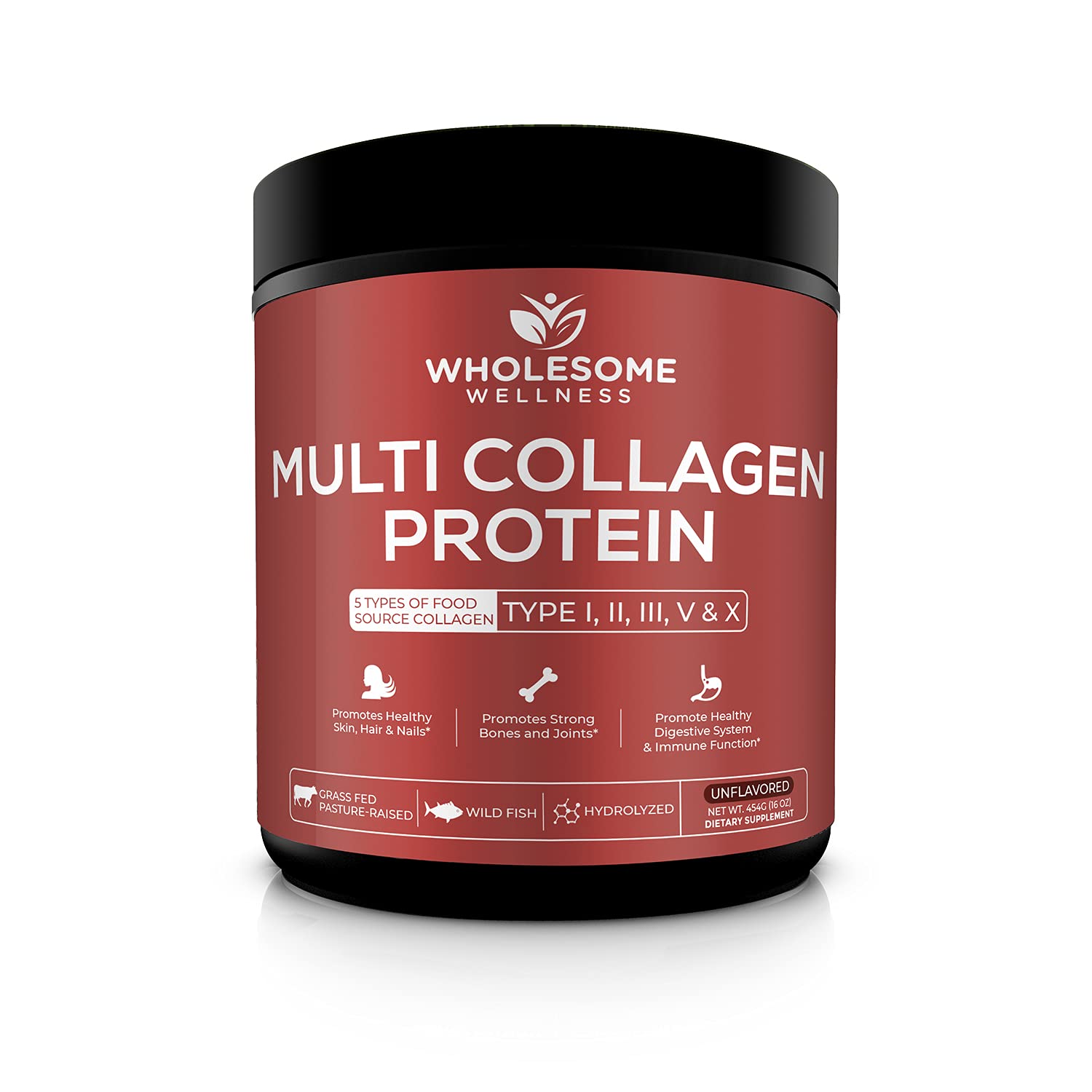 Front view of Wholesome Wellness Multi Collagen Powder bottle