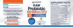 Product label highlighting 34 strains and 3 trillion CFU per bottle