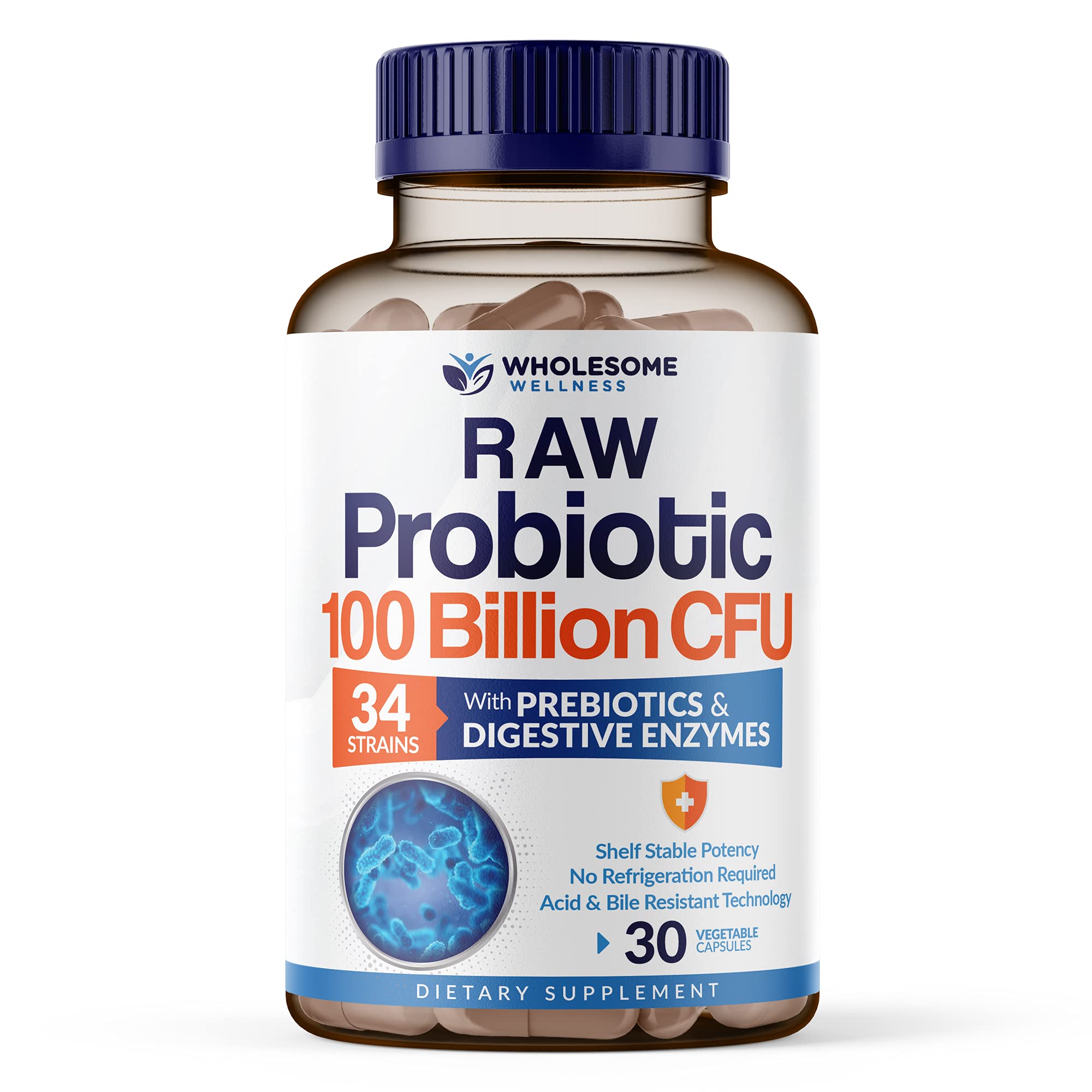 Wholesome Wellness Probiotics bottle with 100 Billion CFU and 34 strains