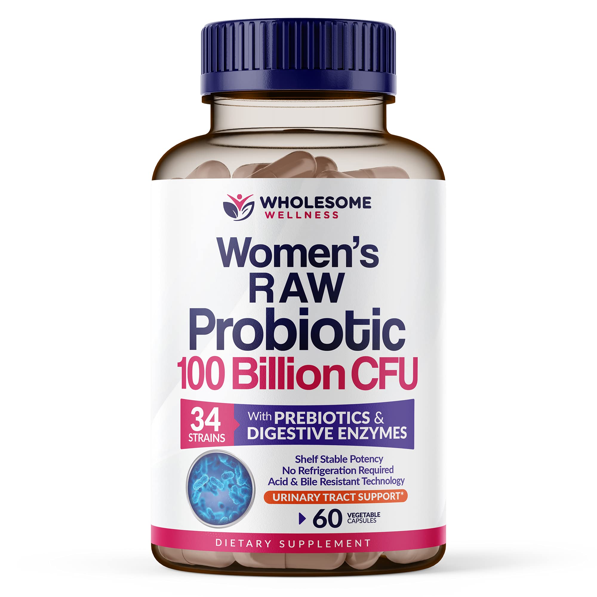 Bottle labeled Wholesome Wellness Probiotics for Women with 100 Billion CFU