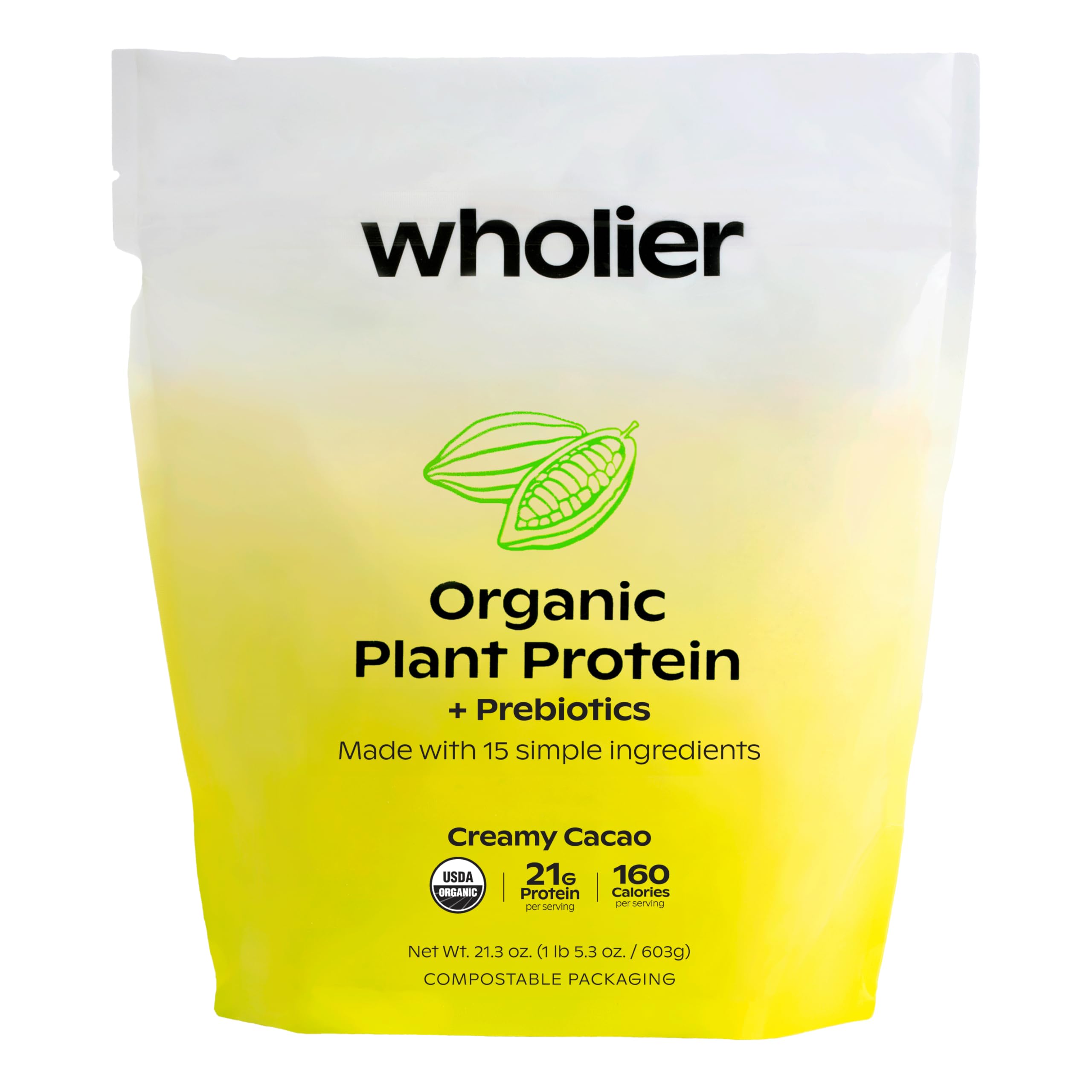 Wholier Creamy Cacao Organic Plant Protein packaging shows clean ingredients for daily shakes.