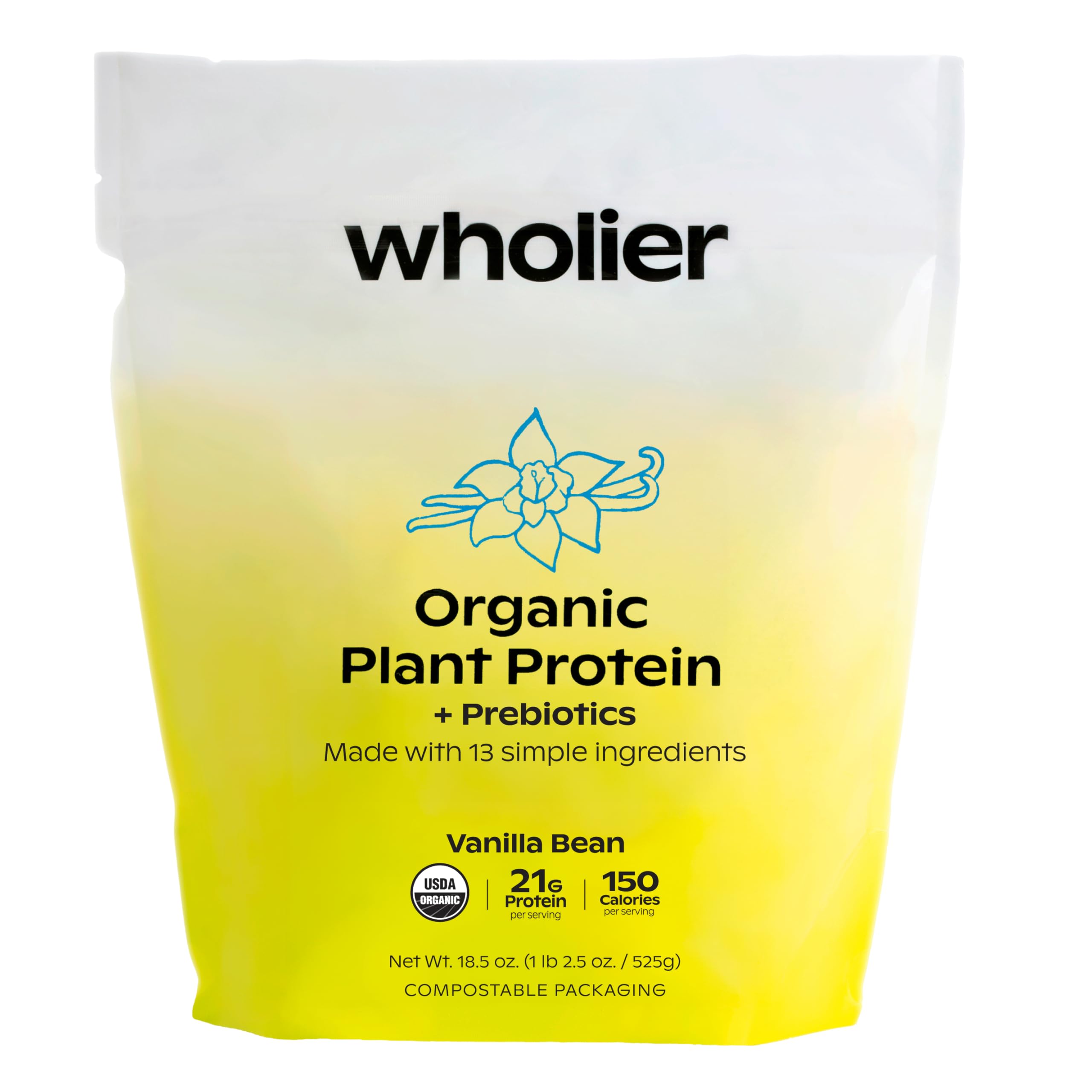 Wholier Organic Plant Protein label close up showcasing clean ingredients