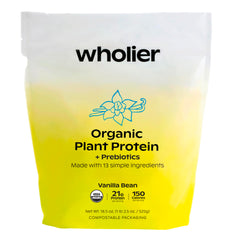 Wholier Organic Plant Protein label close up showcasing clean ingredients