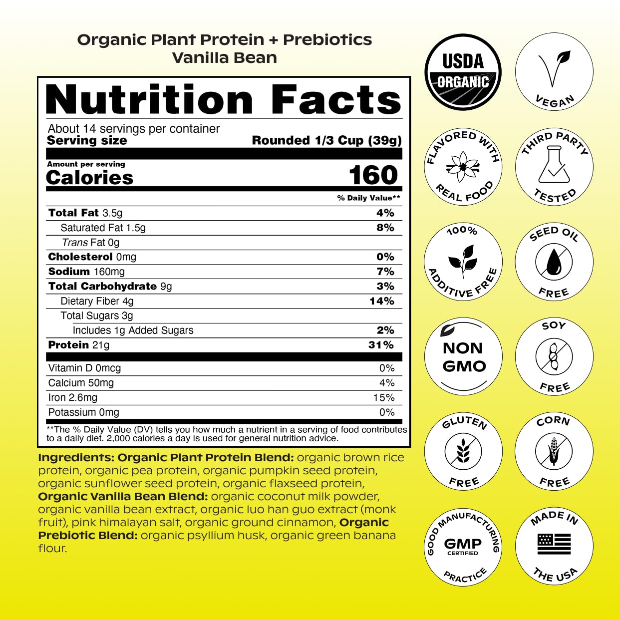 Wholier Vanilla Bean scoop highlighting 21g protein per serving