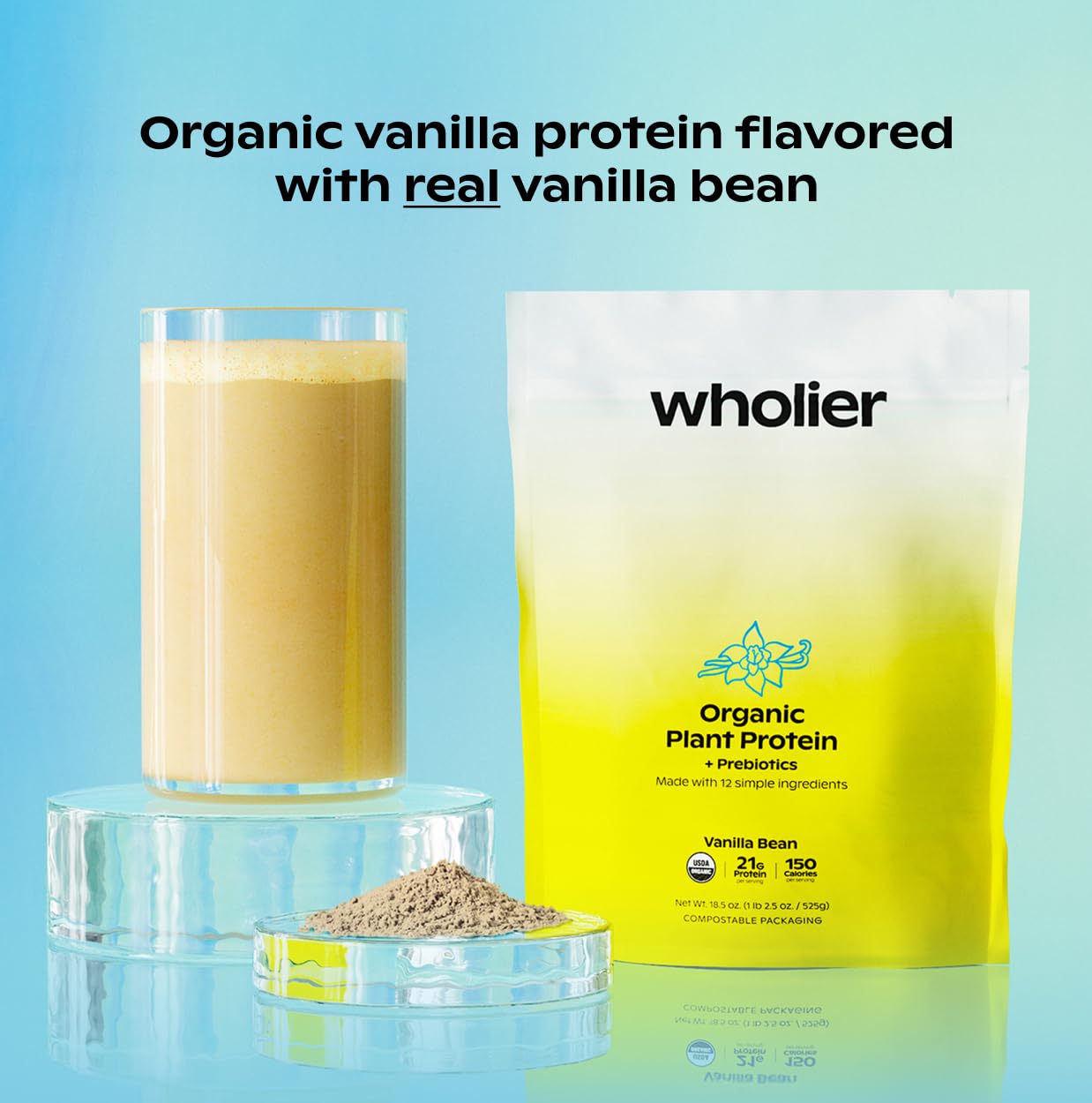 Wholier shake shows creamy vanilla protein blend for smoothies