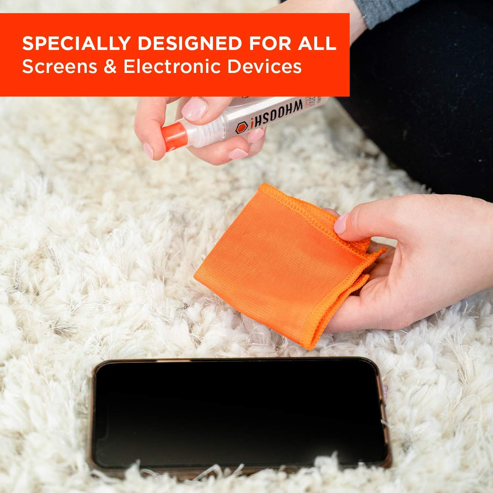 Front view of Whoosh Screen Shine Go 2-Pack with microfiber cloth
