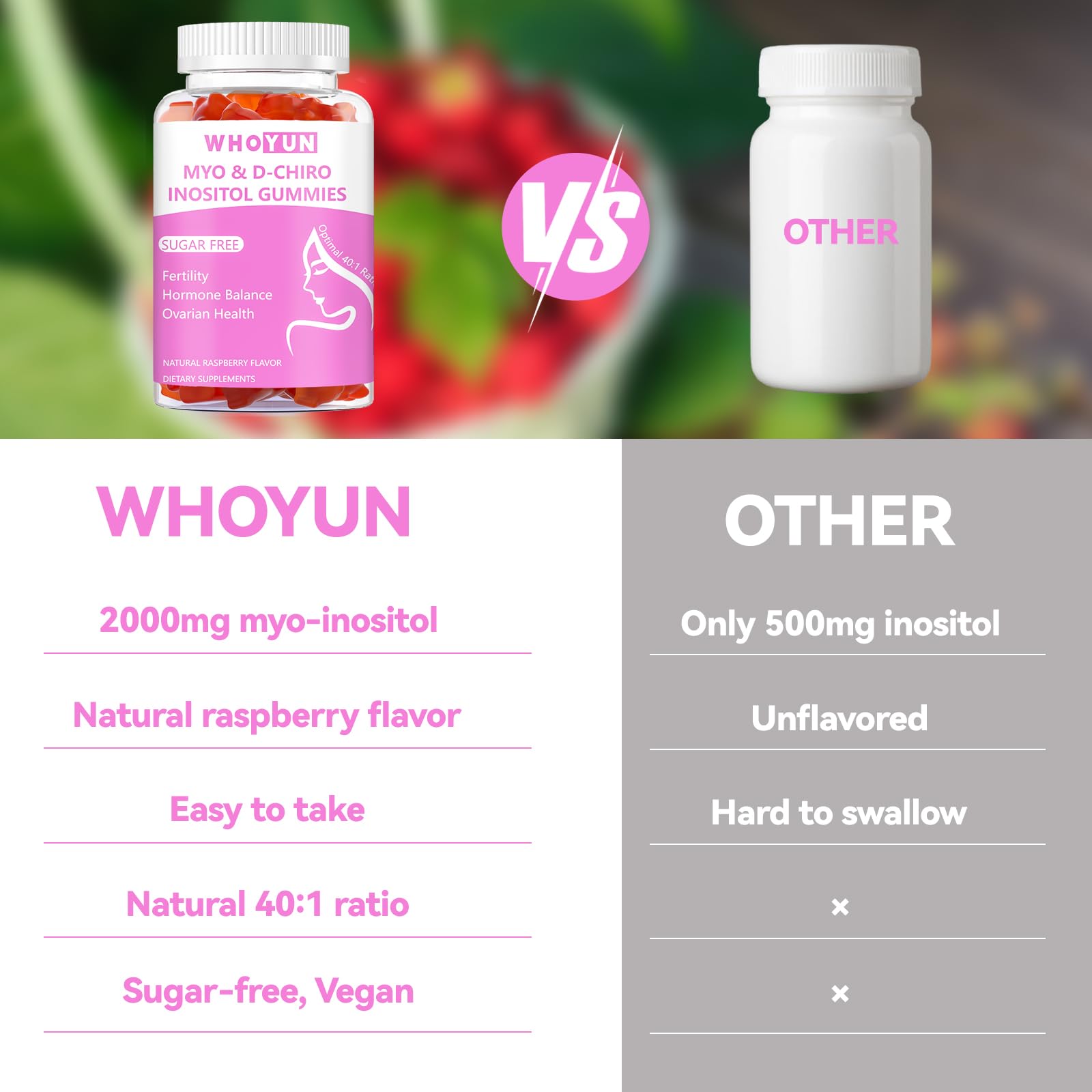 Whoyun bottle beside ingredient list emphasizing clean, third-party tested formula