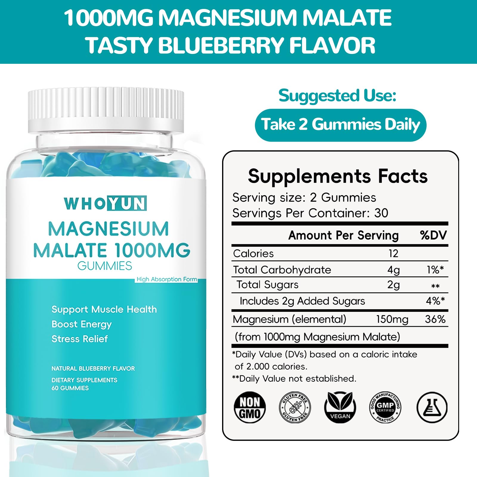 Close-up of fruity magnesium malate gummies in assorted colors.