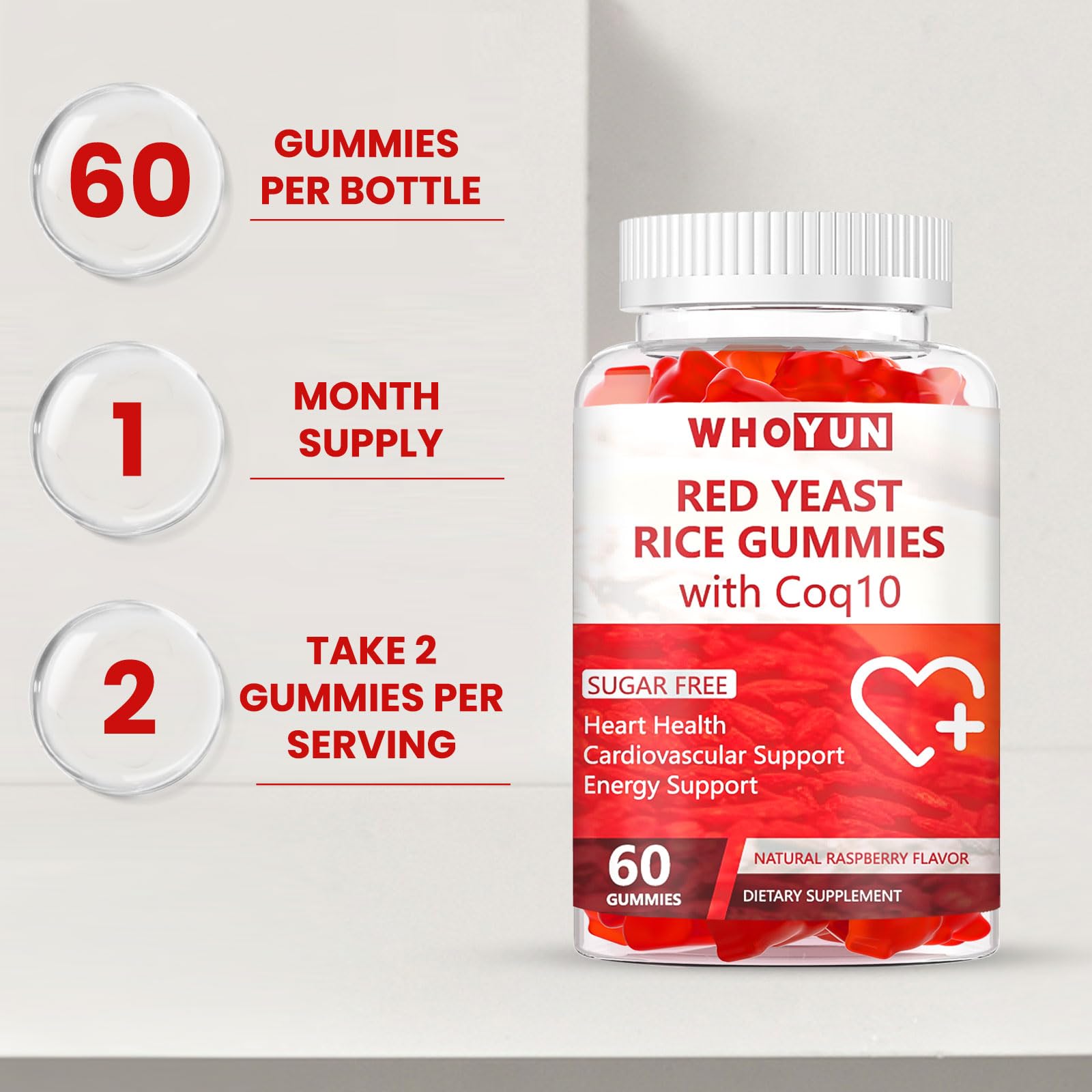 Whoyun Red Yeast Rice Gummies packaging shows sugar-free claim