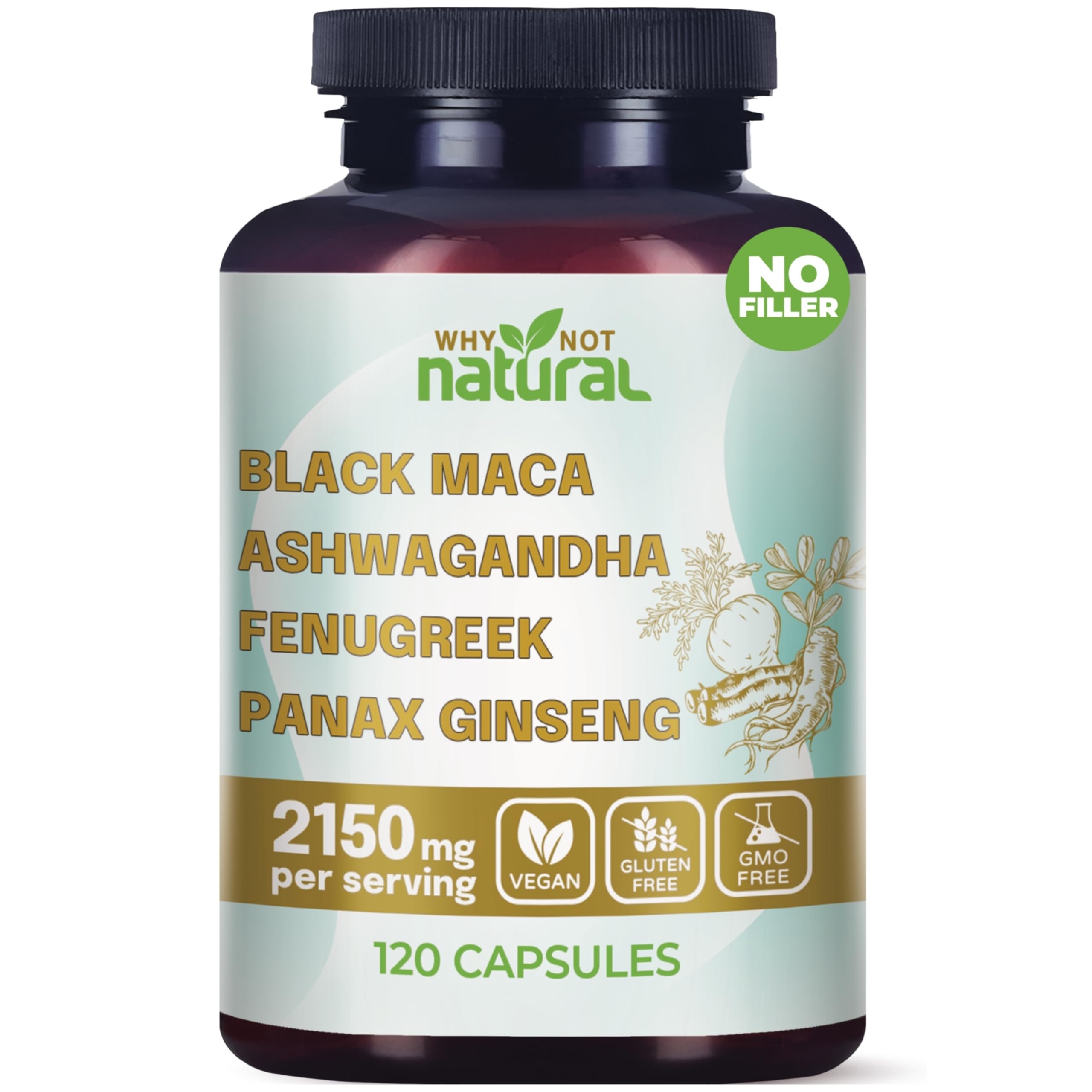 Bottle of Why Not Natural 4-in-1 Organic Black Maca, Ashwagandha, Fenugreek and Panax Ginseng capsules