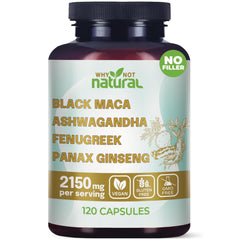 Bottle of Why Not Natural 4-in-1 Organic Black Maca, Ashwagandha, Fenugreek and Panax Ginseng capsules