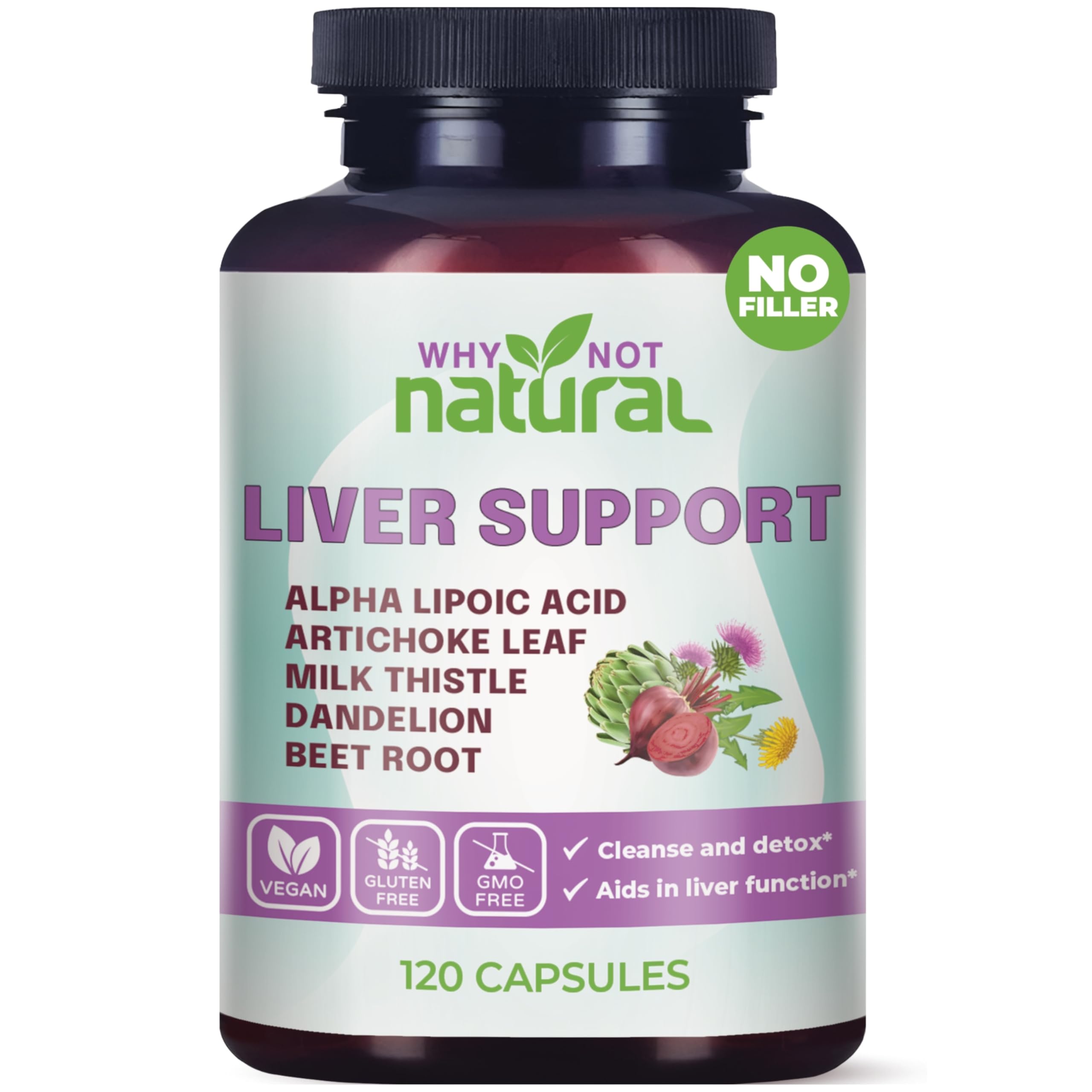 Front view of Why Not Natural 5-in-1 Liver Health Formula bottle (120 capsules)
