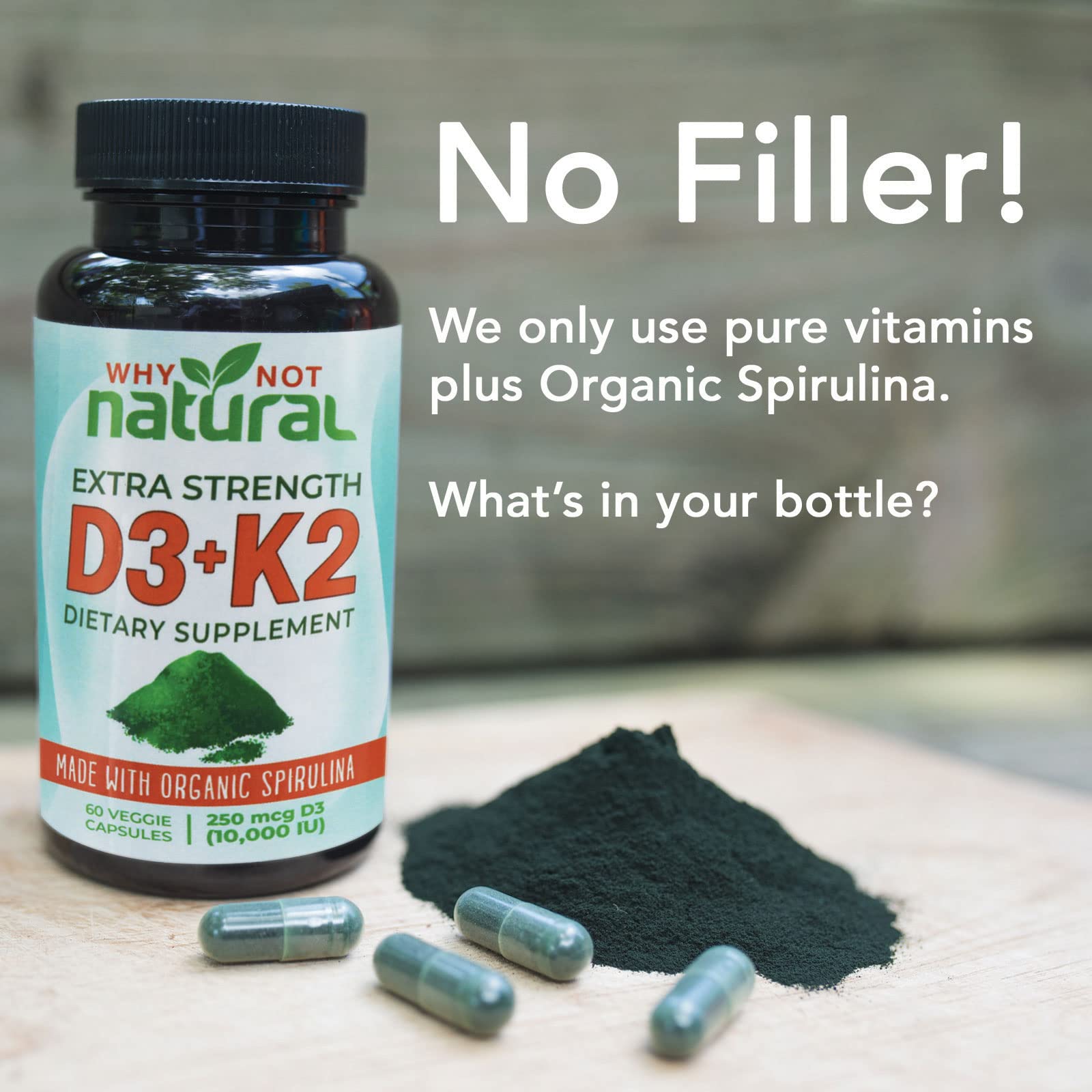 Vegetarian D3 K2 MK-7 capsules in a bottle with label highlighting spirulina