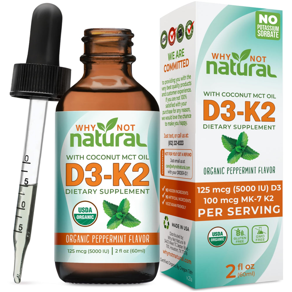 Front view of Why Not Natural Vitamin D3 K2 MK-7 Liquid Drops bottle with coconut MCT oil