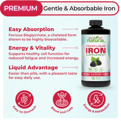 Organic blackberry flavored liquid iron bottle close-up