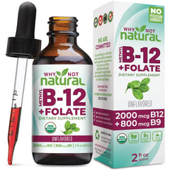 Label of Why Not Natural Vitamin B12 Liquid + Folate Organic Sublingual Drops