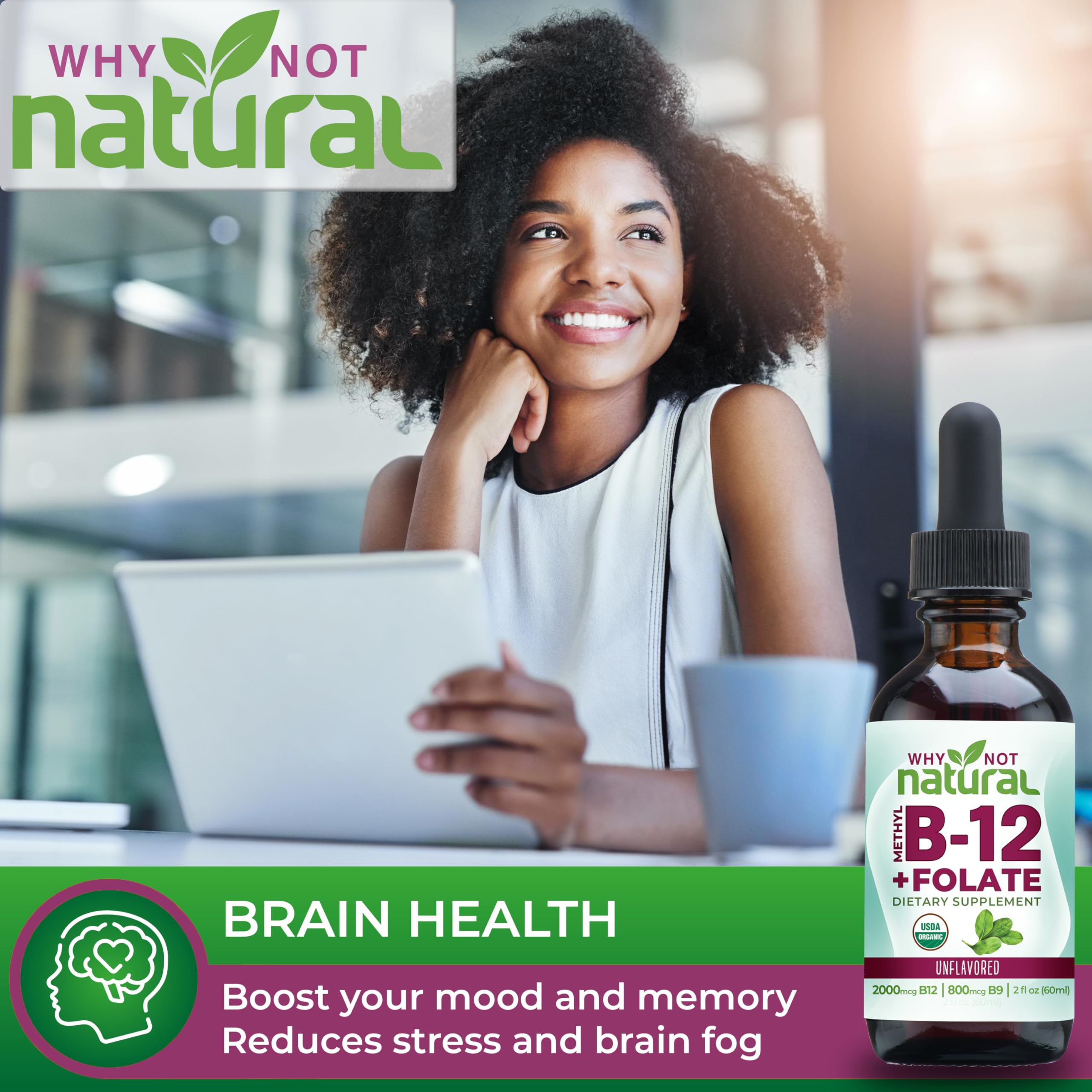 Vegan vitamin B12 liquid with folate in glass bottle