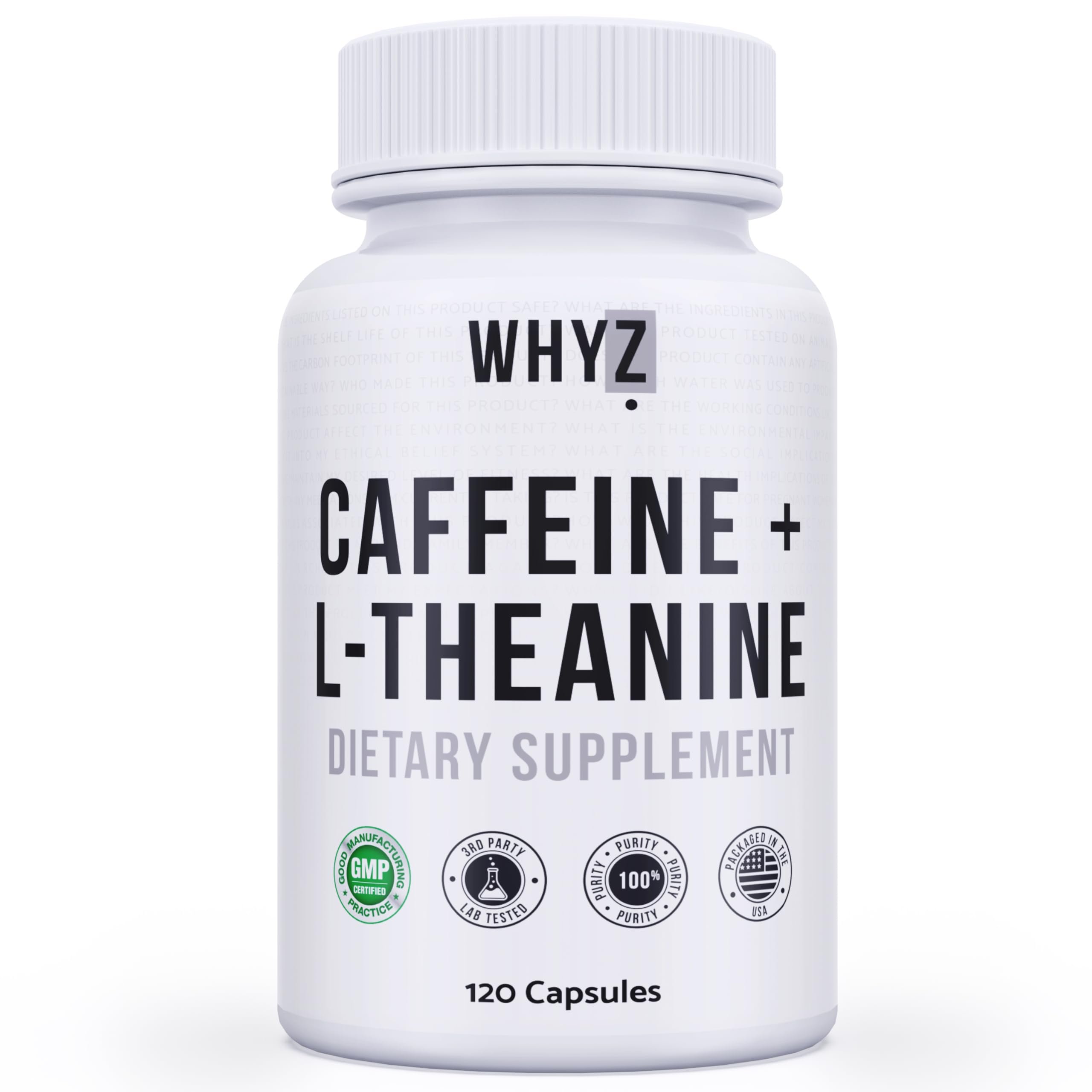 WHYZ caffeine pills bottle with L-Theanine offers steady energy for focus.