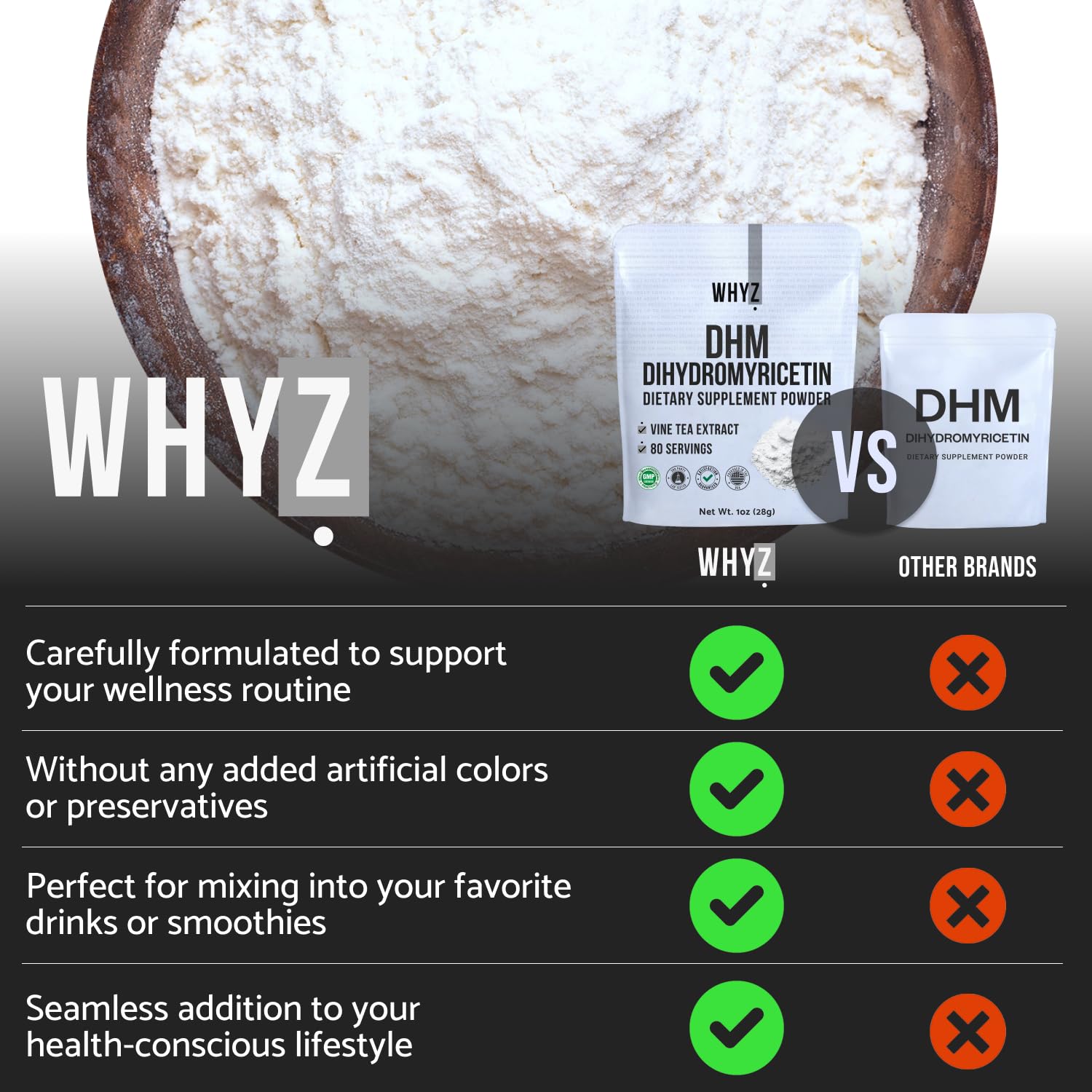 WHYZ DHM powder scoop beside container enabling easy daily dosing