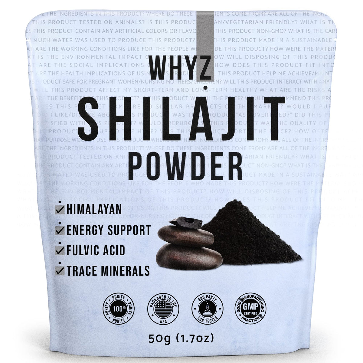 Front view of WHYZ Shilajit Powder 50g container
