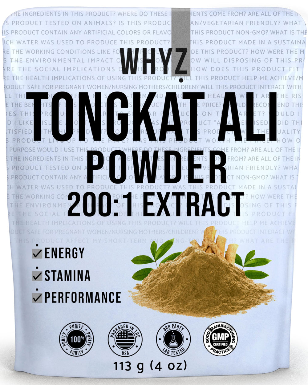 WHYZ Tongkat Ali powder bottle supports daily energy for workouts.