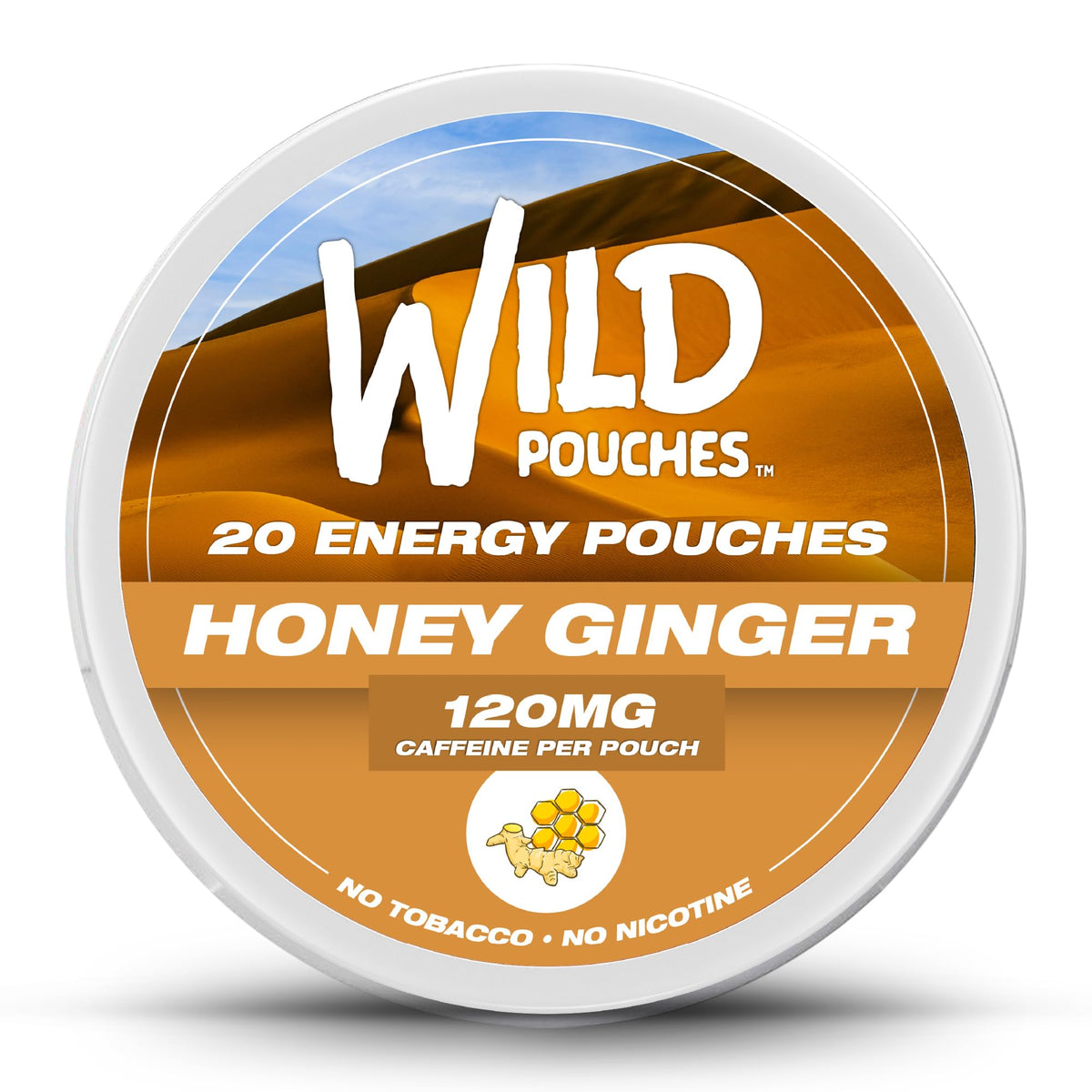 Front view of Wild 20 x 120mg Caffeine Pouches Honey Ginger can