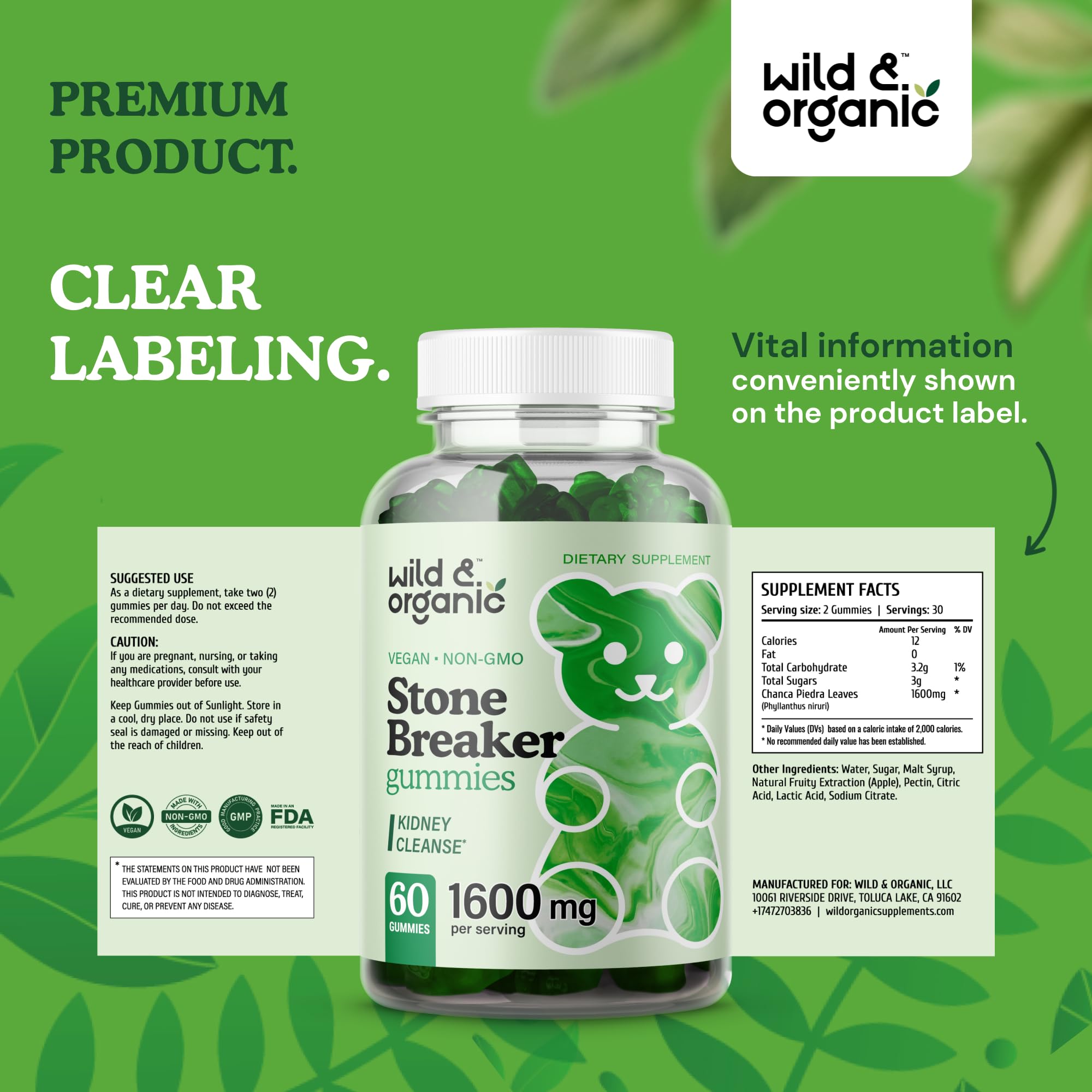 Wild & Organic Chanca Piedra gummies 60-count bottle for convenient kidney and gallbladder support.