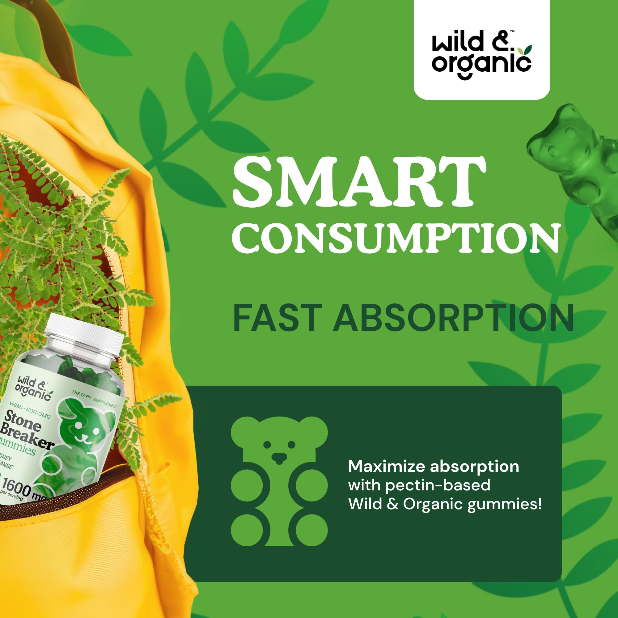 Wild & Organic Chanca Piedra gummies label-detail indicating vegan and GMO-free formula.