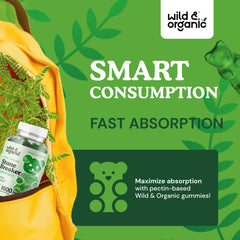 Wild & Organic Chanca Piedra gummies label-detail indicating vegan and GMO-free formula.