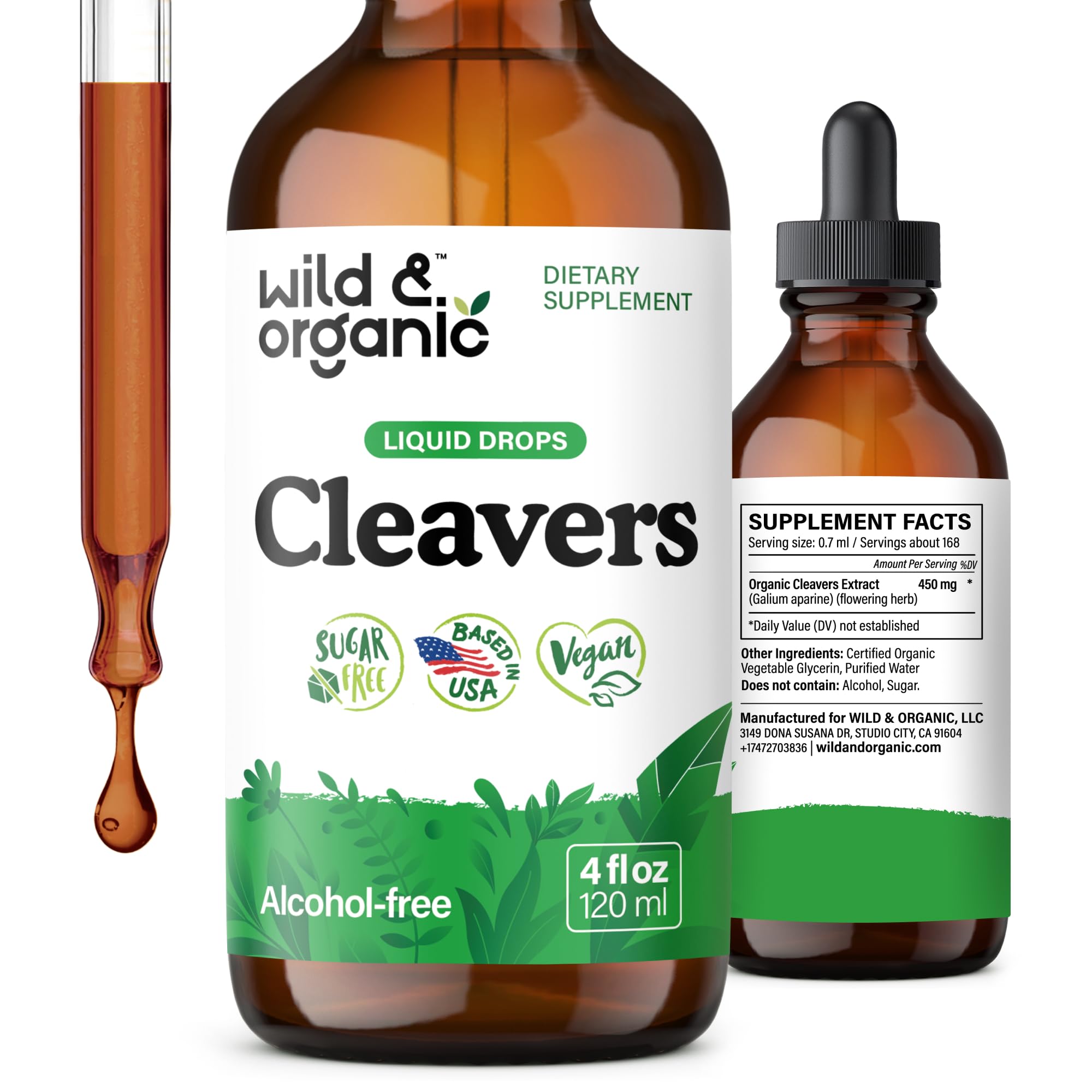 Wild & Organic Cleavers tincture bottle closeup for vegan detox support and easy daily use.