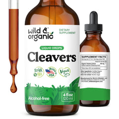 Wild & Organic Cleavers tincture bottle closeup for vegan detox support and easy daily use.