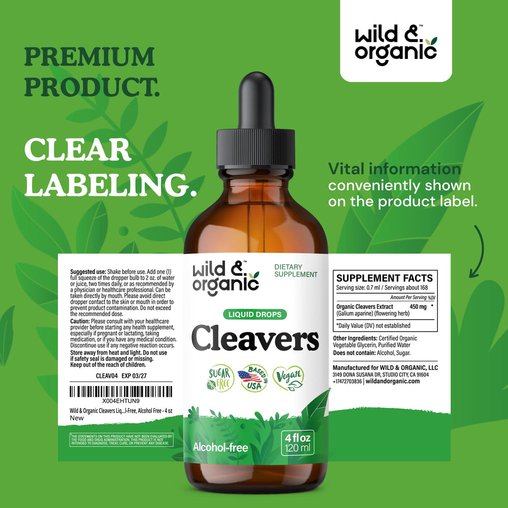 Wild & Organic Cleavers tincture packaging box—complete stacking for pantry health kit.