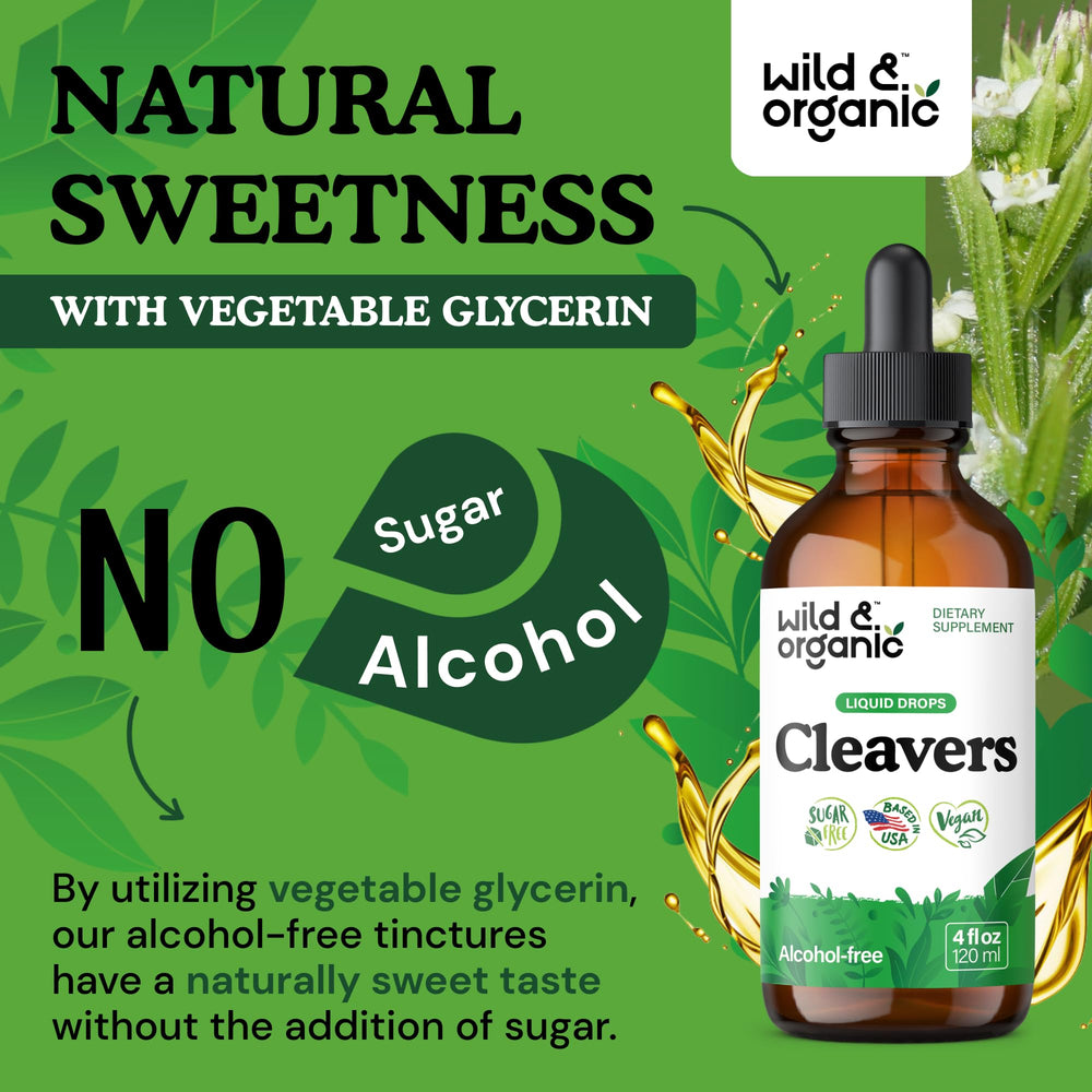 Wild & Organic Cleavers tincture—sugar-free sweetness and vegan formulation for daily use.