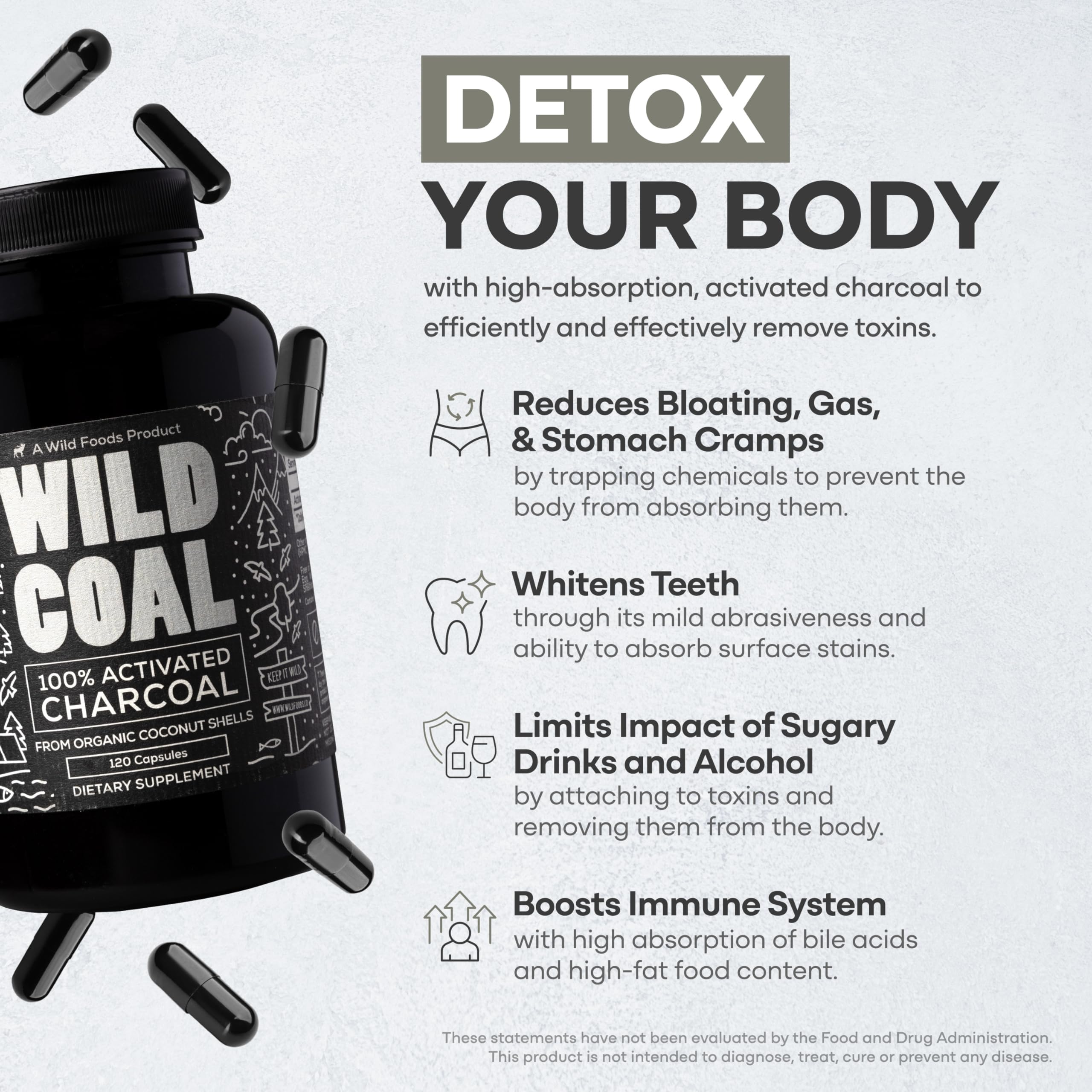 Wild Coal Activated Charcoal Capsules label with 260 mg and 120 capsules per bottle