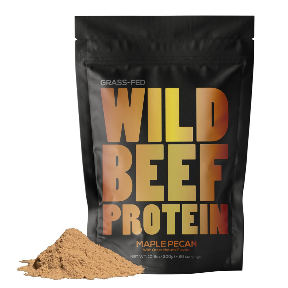 Wild Foods beef protein maple pecan bottle shows keto-friendly nutrition for busy days.