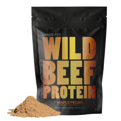 Wild Foods beef protein maple pecan bottle shows keto-friendly nutrition for busy days.