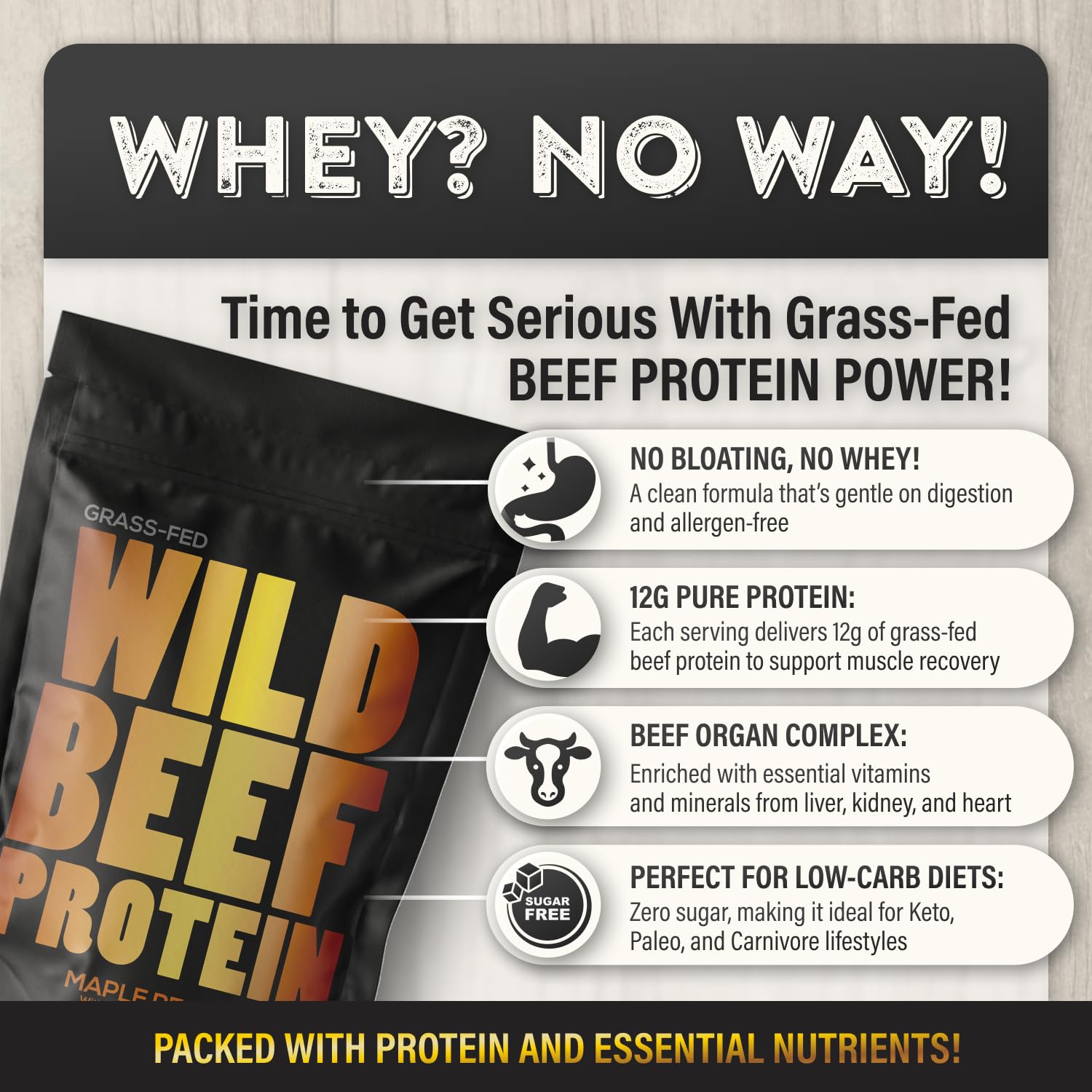 Wild Foods beef protein organ blends label highlights liver, kidney, heart benefits.