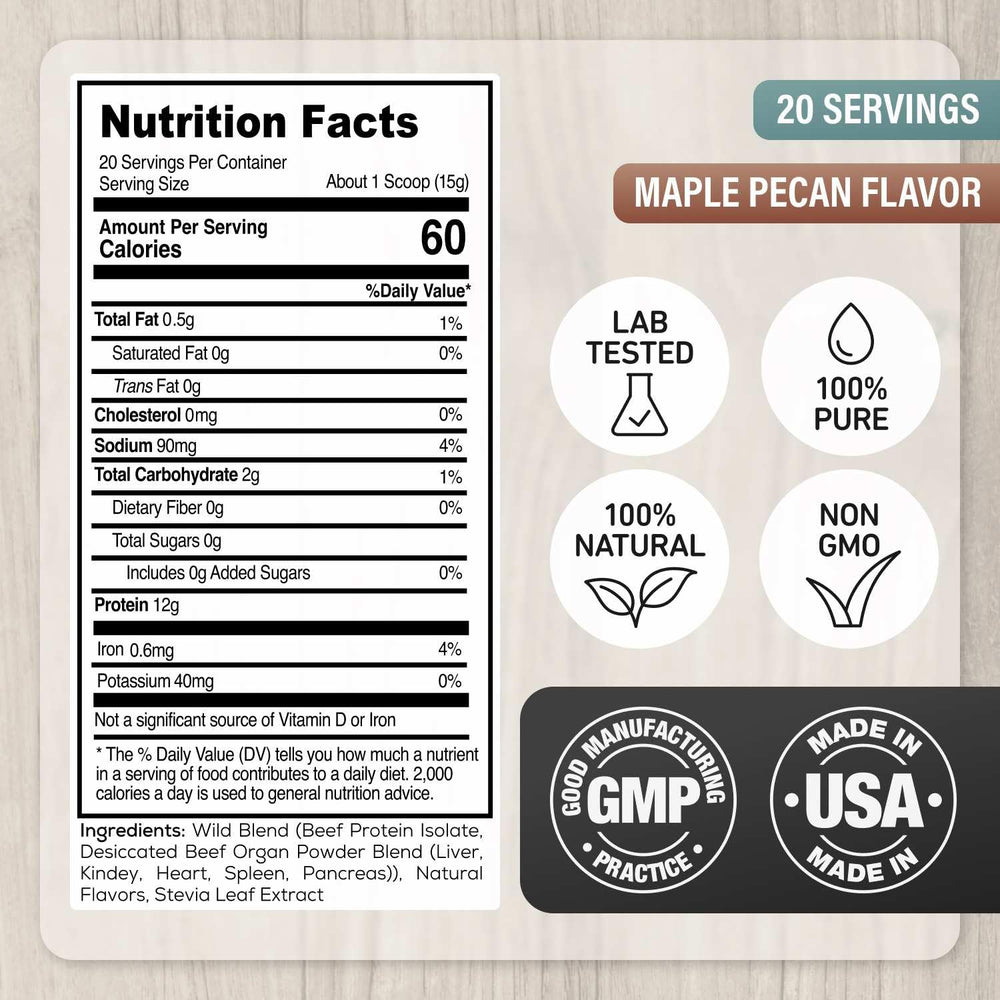 Wild Foods beef protein organ blends label highlights liver, kidney, heart benefits.