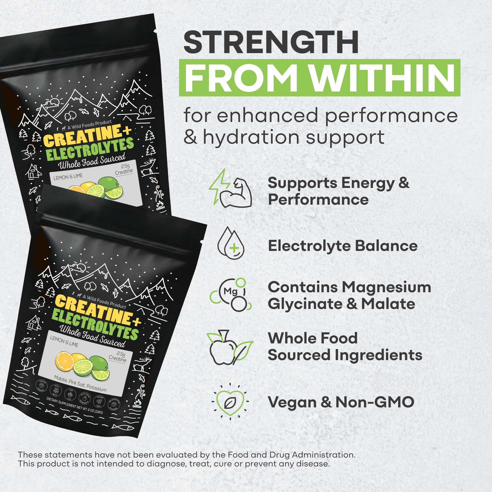 Ingredients panel showing 2.5 g creatine monohydrate, magnesium malate, potassium, pink salt