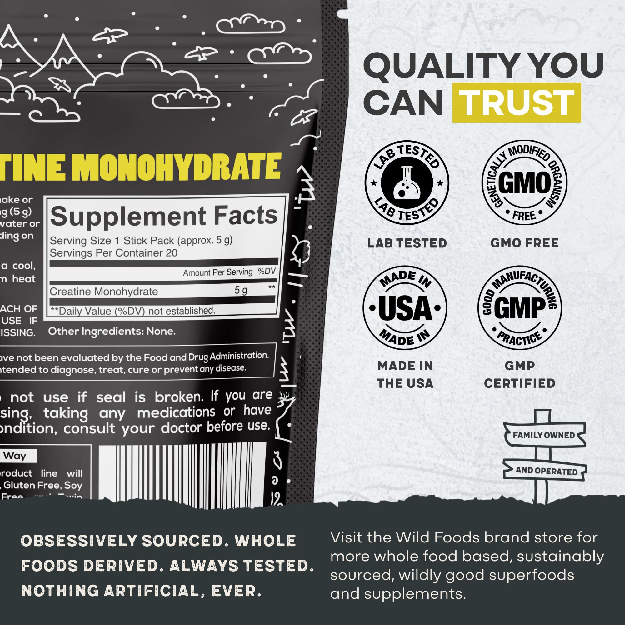 Back panel with nutrition facts and ingredients on Wild Foods Creatine Monohydrate packets