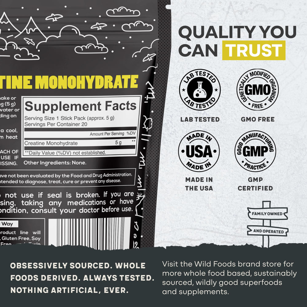 Back panel with nutrition facts and ingredients on Wild Foods Creatine Monohydrate packets