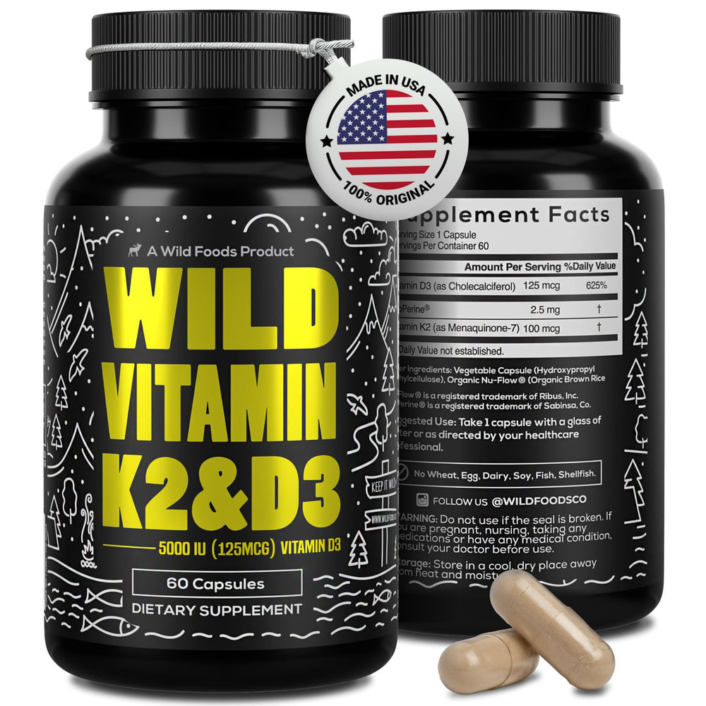 Front label of Wild Foods Vitamin D3 + K2 5000 IU 60 capsules