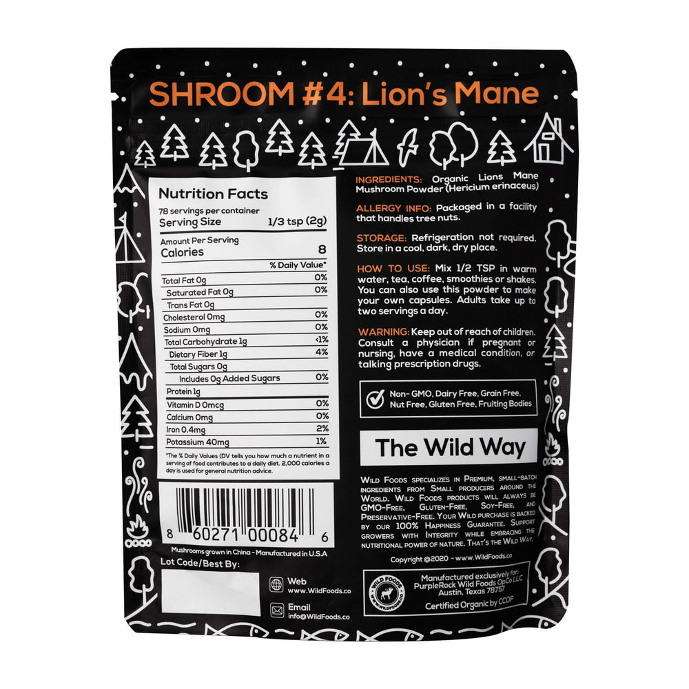 Back packaging of Wild Foods Lions Mane Powder showing organic certification