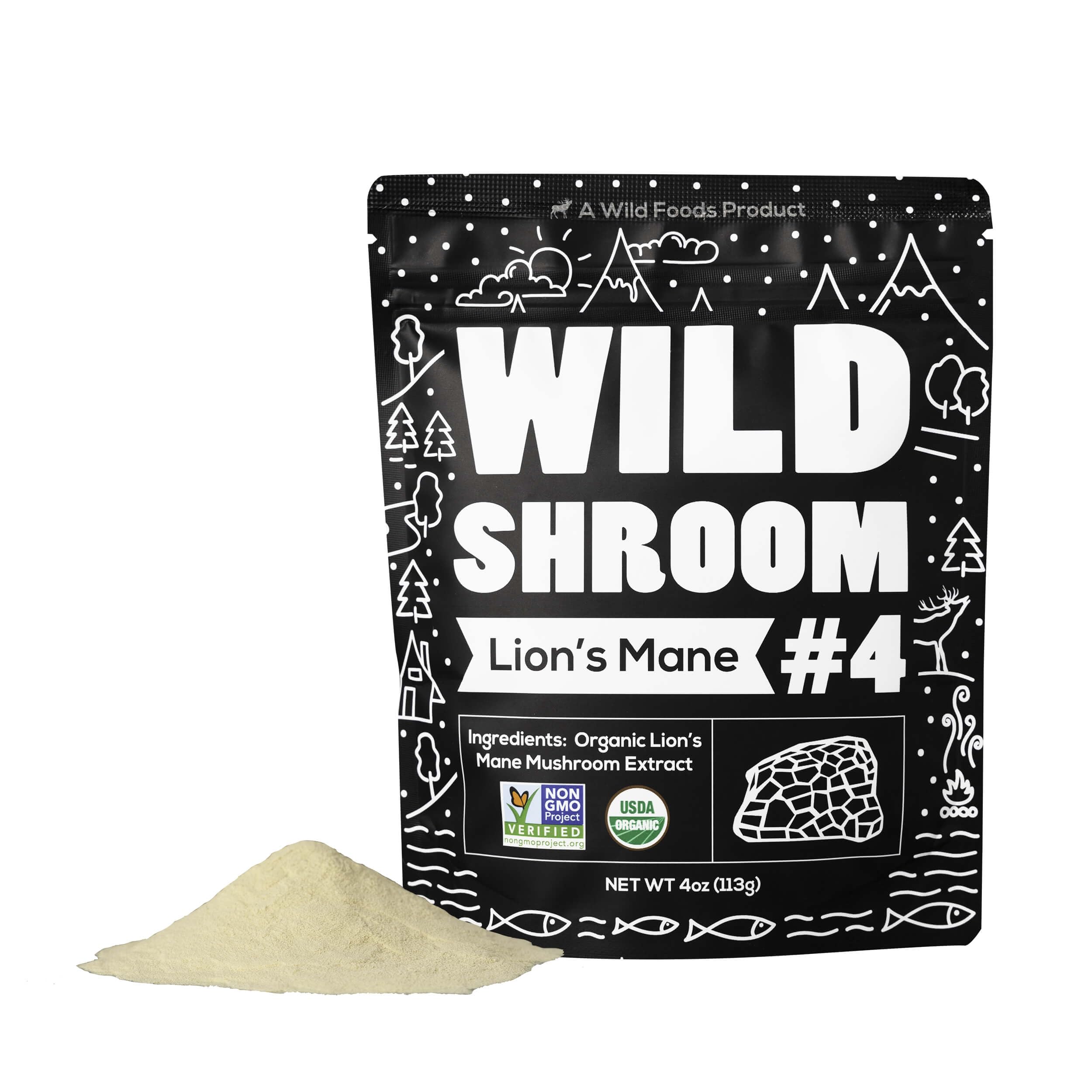 Front view of Wild Foods Lions Mane Powder 10:1 organic 4 oz pack (pack of 2)