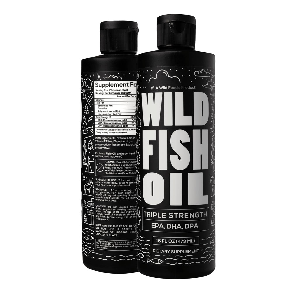 Front view of Wild Foods Lemon Omega-3 Liquid Fish Oil bottle (16 oz, 2-pack)