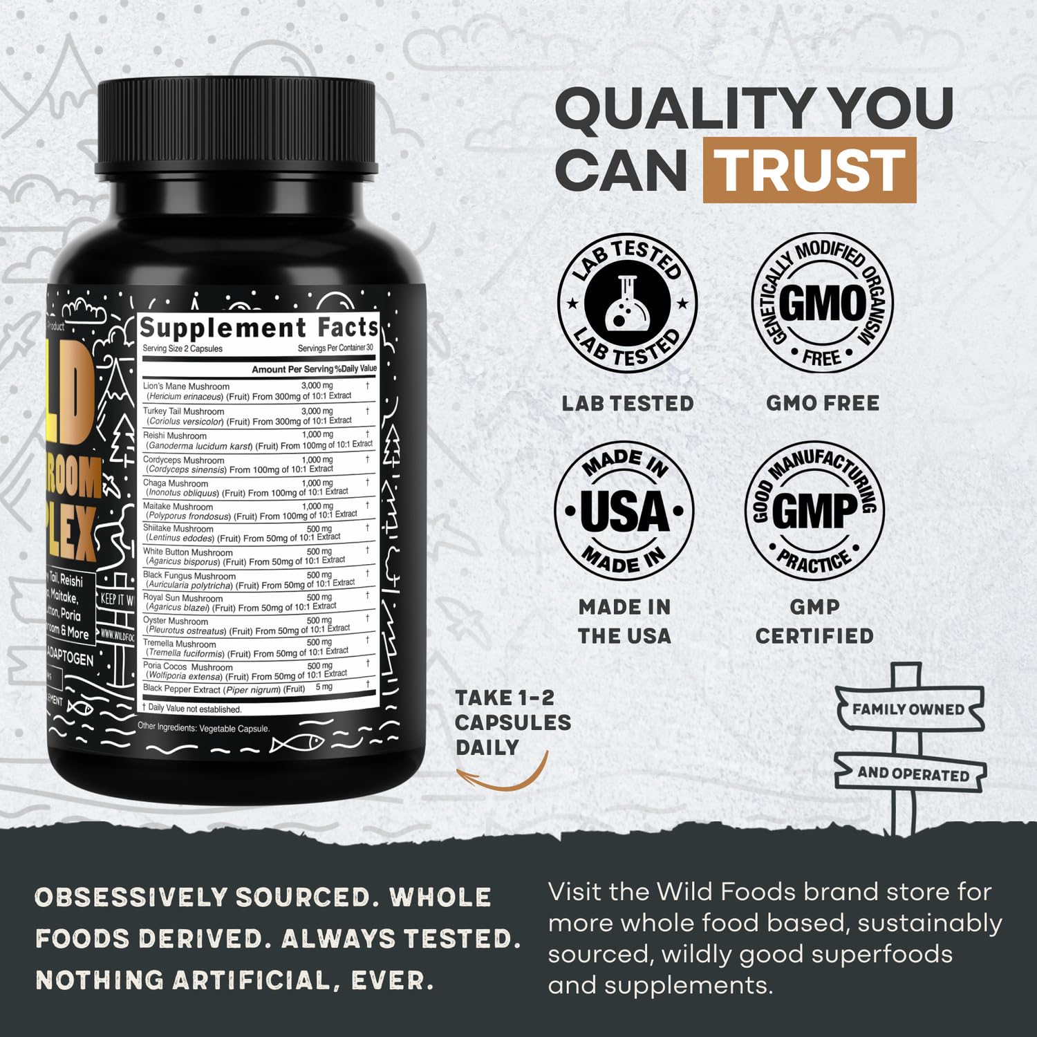 Back label of Wild Foods mushroom supplement bottle