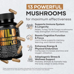 Close-up of Wild Foods mushroom supplement bottle label
