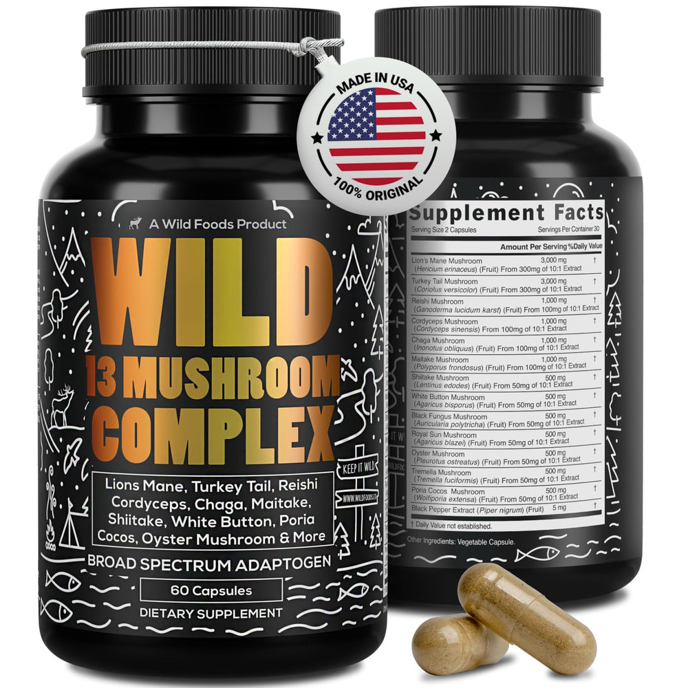 Front view of Wild Foods Premium Mushroom Supplement Complex bottle with capsules
