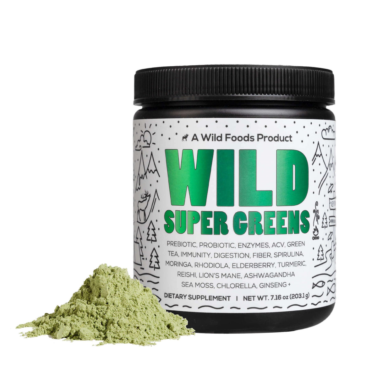Wild Foods Raw Super Greens Powder container with scoop on white background