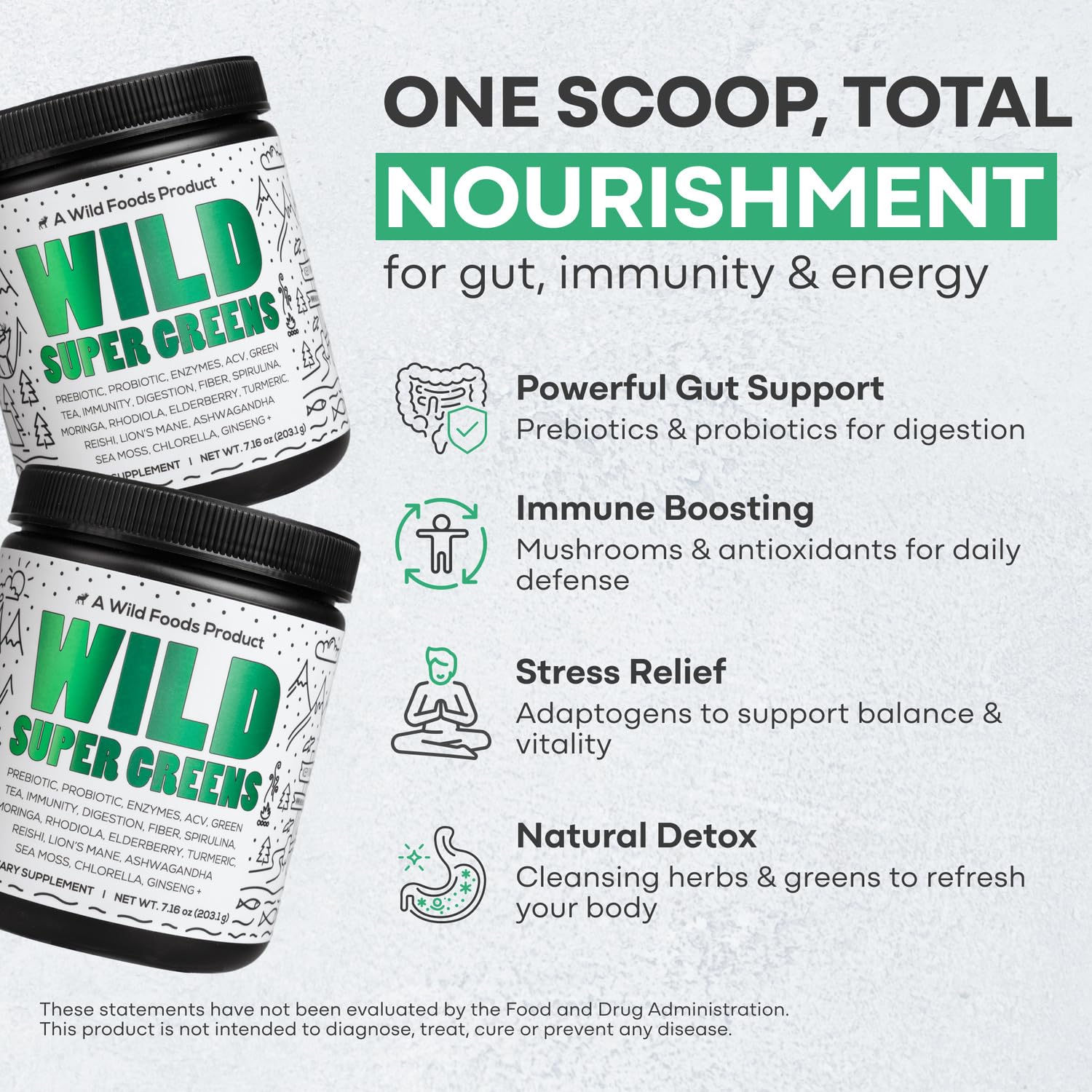 Close-up of spirulina, chlorella and wheatgrass ingredients